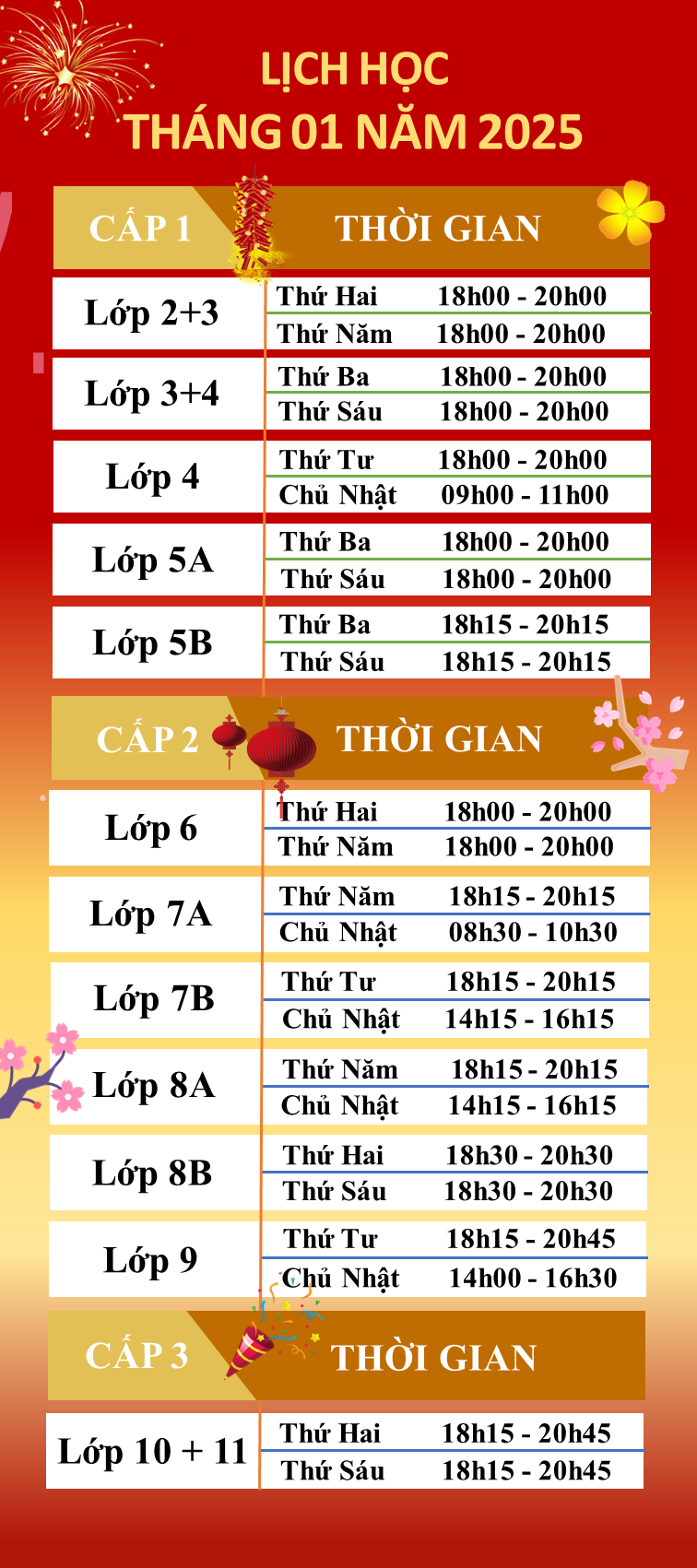 Lịch học tháng 01 năm 2025